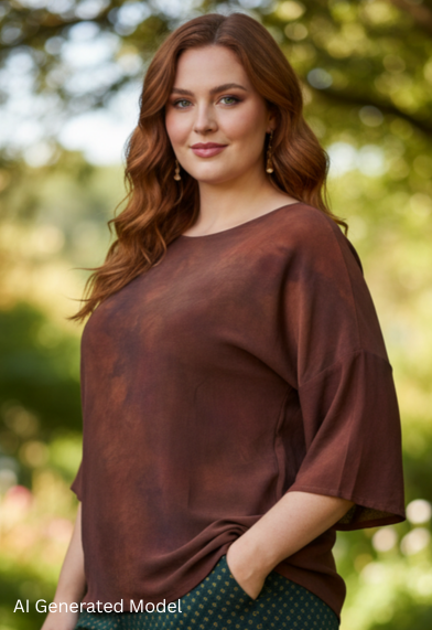 Woman wearing a hand dyed silk brown top and green patterned pants against a white background - AI generated model