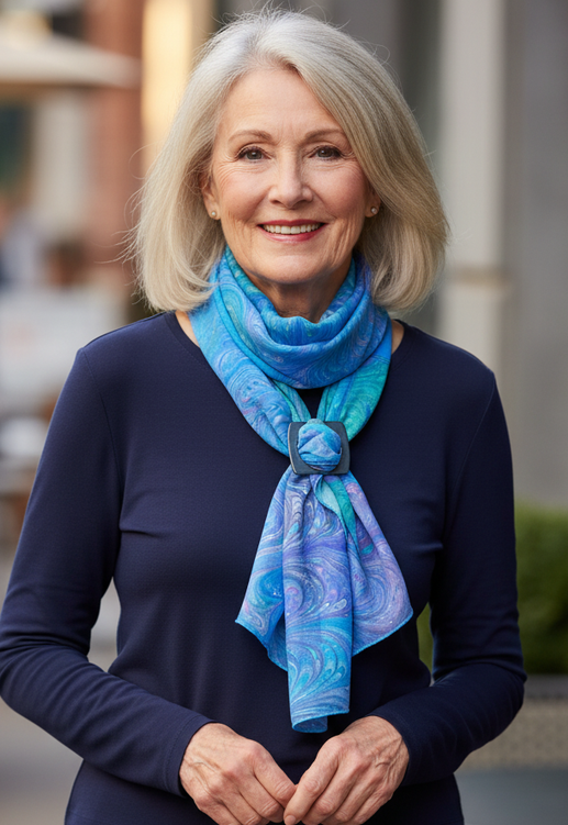 Woman wearing marbled silk blue pieced scarf