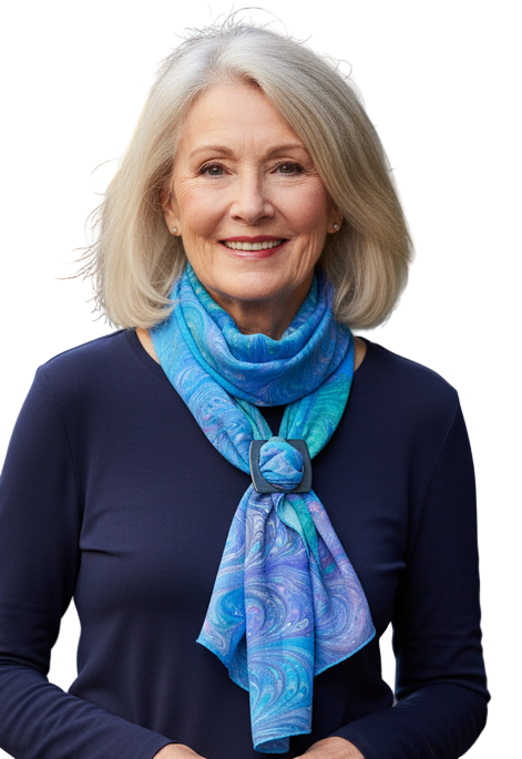 Woman wearing a marbled silk pieced scarf against a white background