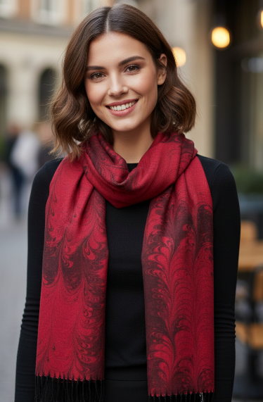 Woman wearing a red marbled silk scarf in an urban setting
