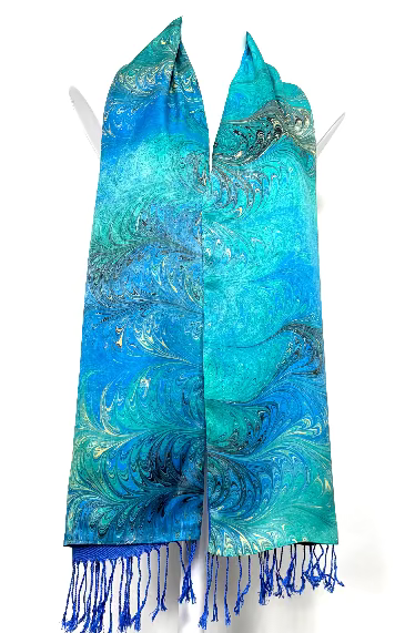 Blue and green marbled silk sating scarf with fringes on a white background