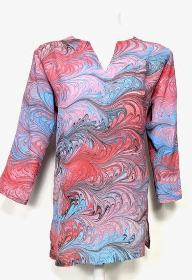 marbled silk tunic top in soft pink and blue with red