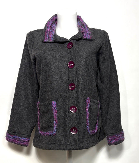Gray fleece coat with yarn trim accents on a white background