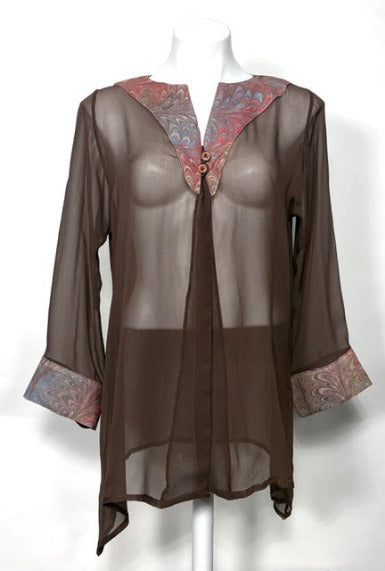 Brown sheer jacket with marbled trim on a white background