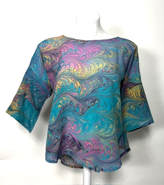 Hand-Marbled Silk Top in Teal & Magenta — Petite Length, S/M