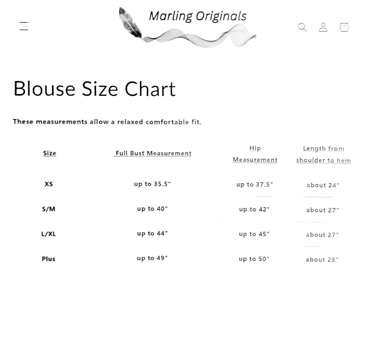 Marling Originals blouse size chart on a white background