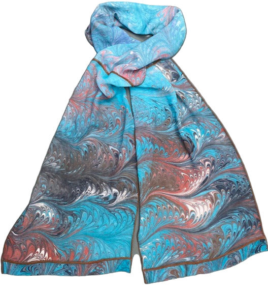 Marbled scarf with teal, brown, cream and gray pattern on a white background