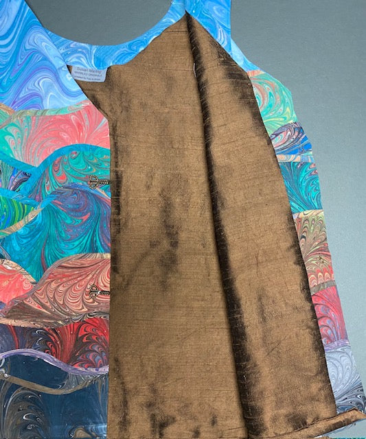 Picture of brown silk dupioni inside lining on marbled silk vest