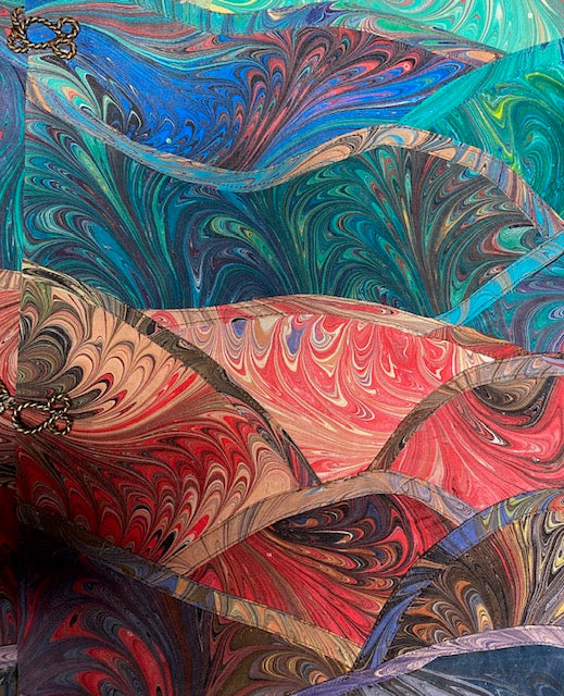 Closeup of the stitching detail of marbled silk art vest
