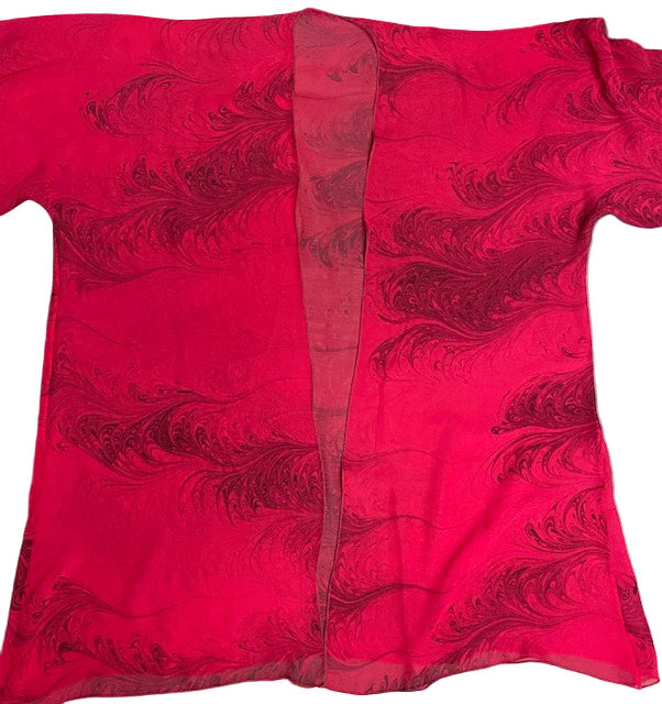 Silhouette of red marbled silk kimono style jacket