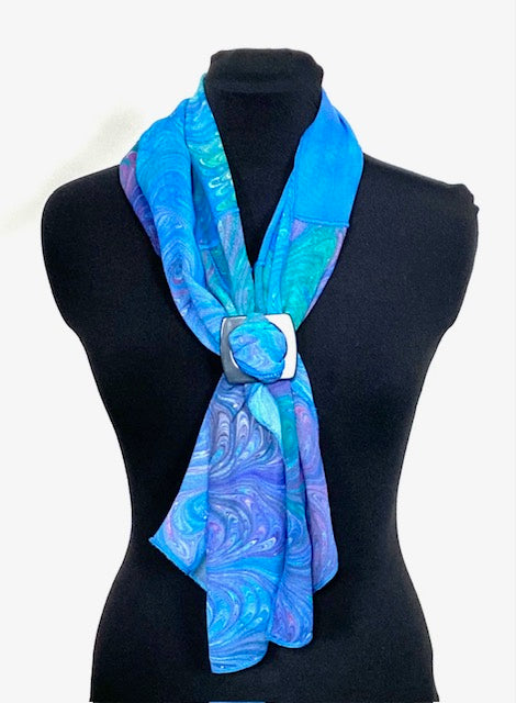 Marbled Pieced Silk Scarf Soft Blues 13" x 80"