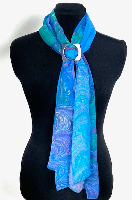 Marbled Pieced Silk Scarf Soft Blues 13" x 80"