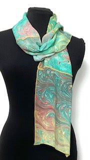 marbled silk scarf with various pieces of marbled silk sewn together