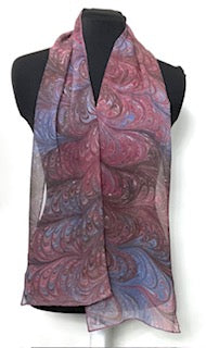 Marbled silk chiffon scarf in cranbery, brown and blue gray colors