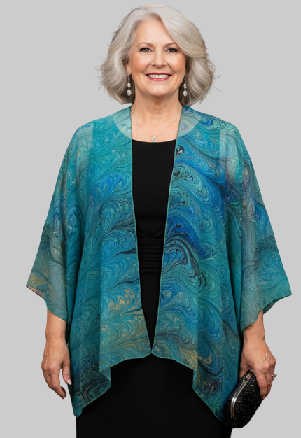 Woman wearing a green and aqua marbled silk wrap jacket in a formal event setting