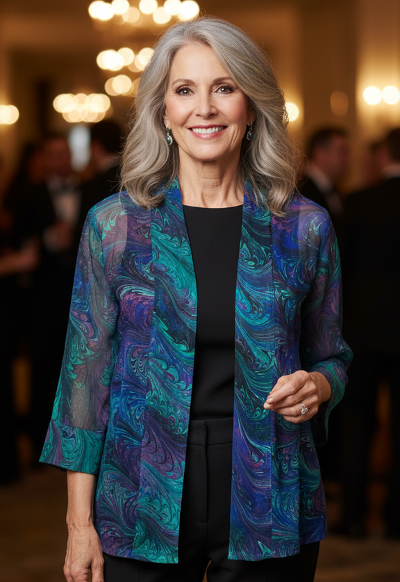 Woman wearing a colorful marbled silk jackets against a blurred backdrop of an evening reception