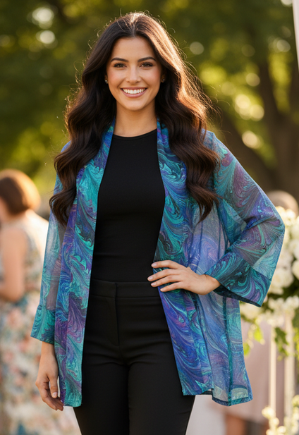 Woman in a colorful marbled silk  jacket and black outfit standing outdoors with greenery and white flowers in the background