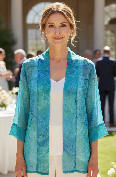 woman wearing soft aqua kimono jacket over an off white pants outfit