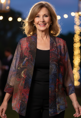 Woman standing at an outside evening event wearing a marbled silk kimono jacket in brown, red and gold tones