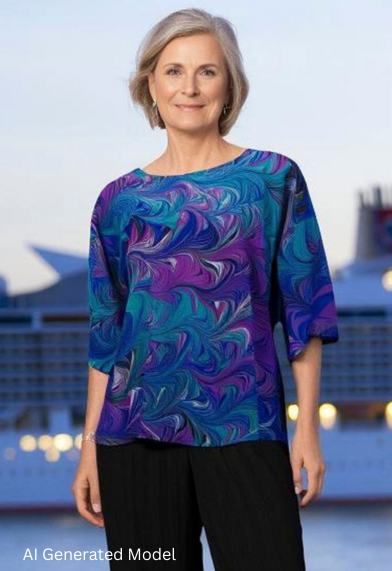 Woman wearing a marbled silk top with black pants against the backdrop of a cruise ship. AI generated model.