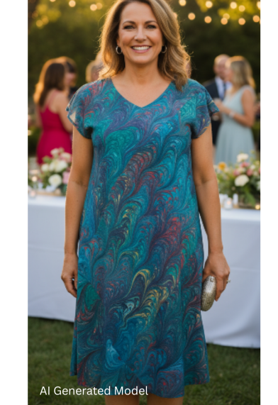 Woman in a bias cut hand marbled silk dress in a rich hunter green with highlights of red and gold standing outdoors at an event with tables and people in the background. AI generated models
