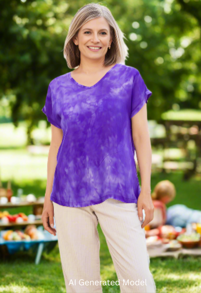Woman wearing a soft violet hand dyed shirt in a park. AI generated model.