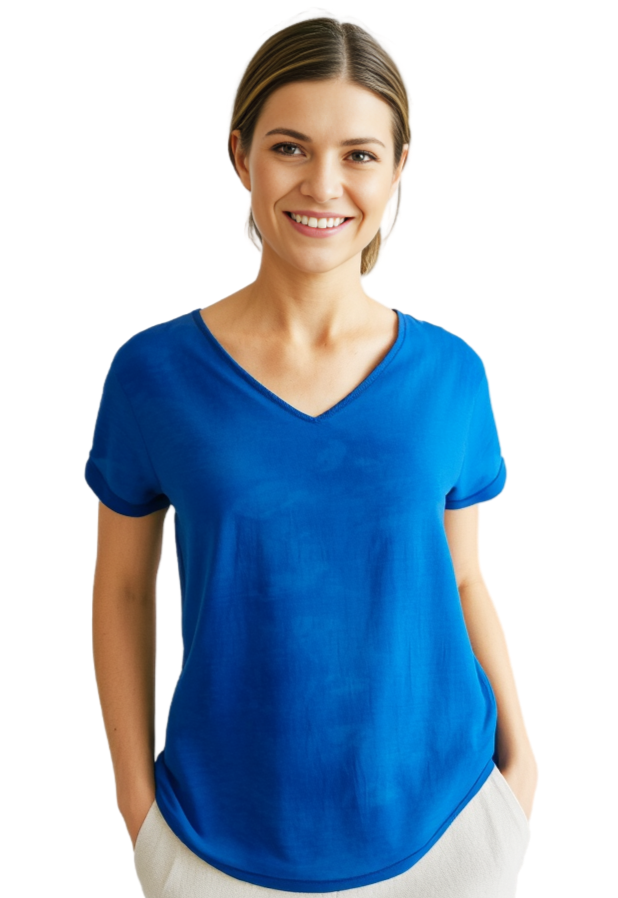 woman wearing a blue hand dyed silk t against a white background