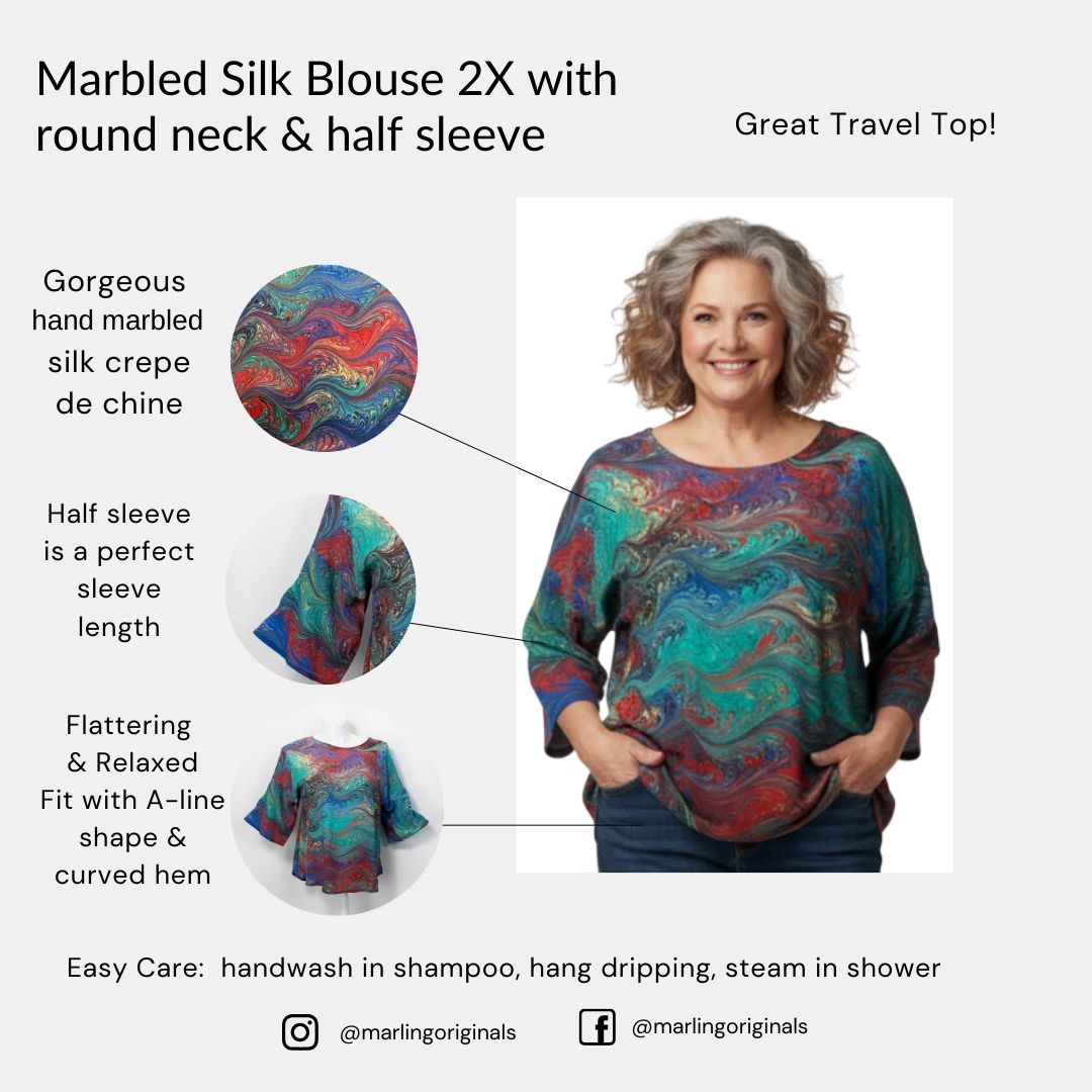 Marbled Silk Blouse 2X Half Sleeve in Primary Colors