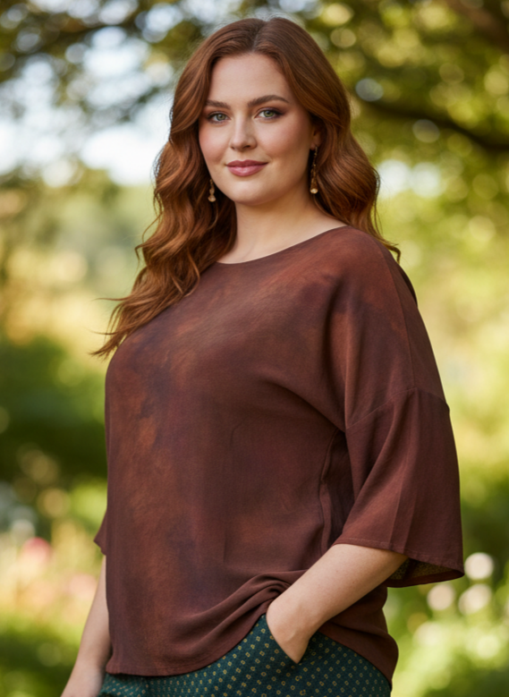 Woman wearing a hand dyed silk brown top and green patterned pants against a white background