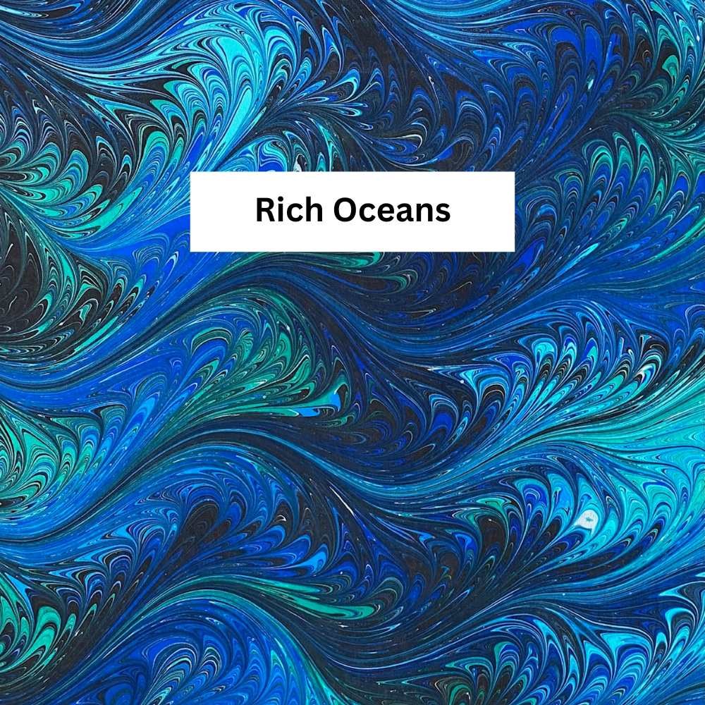 Marbled blue and green design with 'Rich Oceans' text