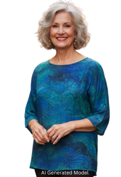 Woman in a double marbled emeralds silk top and black pants. AI generated model