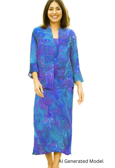 woman wearing long marbled silk dress with matching jacket in blues, purples. AI generated model