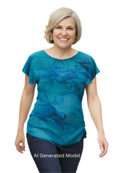 Woman wearing an emeralds silk marbled top and dark pants, AI generated model
