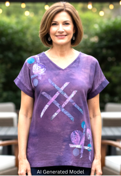Woman wearing a hand dyed silk purple top with abstract designs and dark pants standing outdoors. AI generated model.
