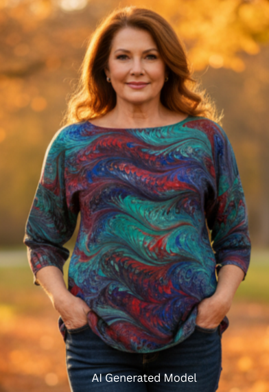 Woman wearing a hand marbled silk top walking in a park with autumn leaves and trees. AI generated model.