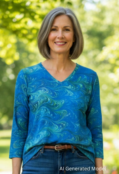 Woman wearing a blue marbled cotton t shirt and jeans standing in a park.