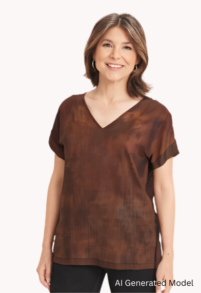 Woman wearing a brown silk dyed shirt and black pants on a white background - AI generated model