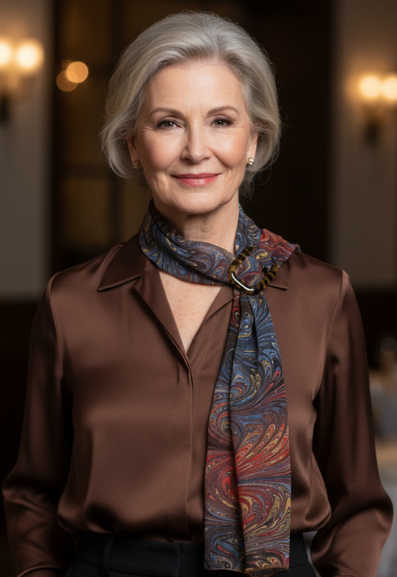 Woman wearing a brown blouse with a marbled silk scarf in an indoor setting
