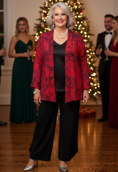 Woman in a red and black marbled silk jacket and black pants standing in a festive indoor setting with Christmas decorations.