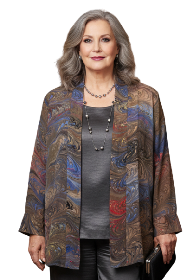 Woman wearing a marbled silk swing jacket over gray top and pants
