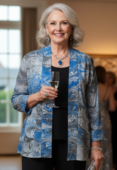 Woman in a blue black and white marbled silk jacket holding a glass in an indoor setting with other people.