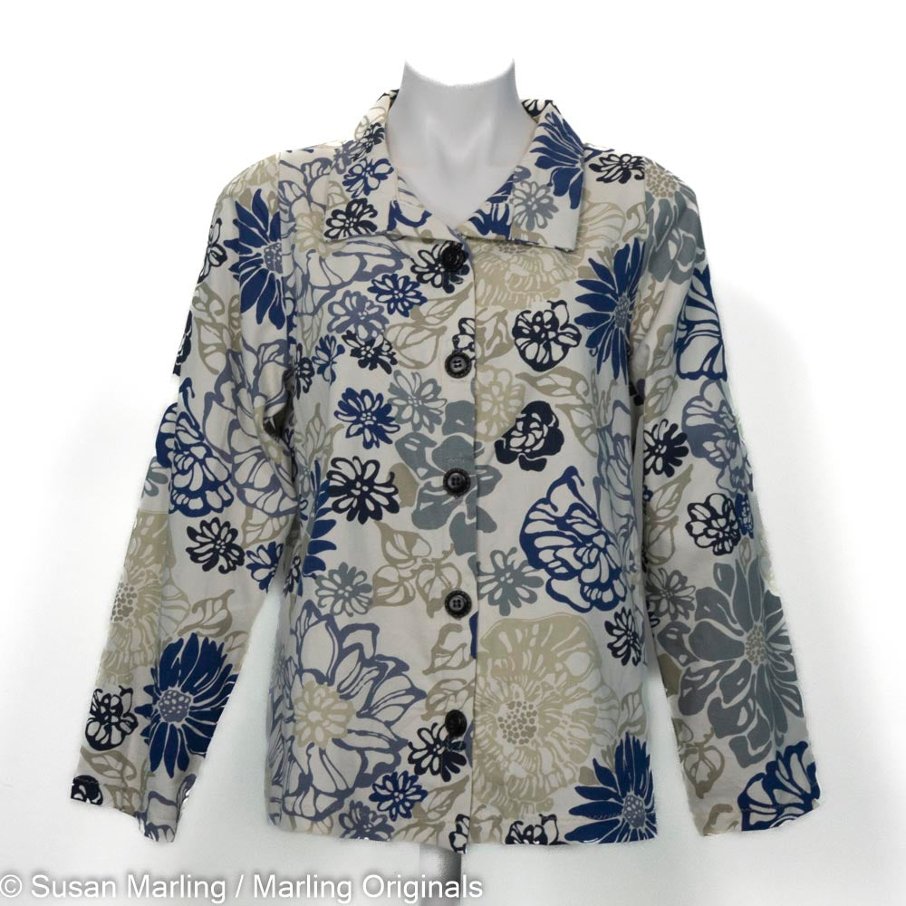 Navy Tan Floral Cotton Jacket- S/M
