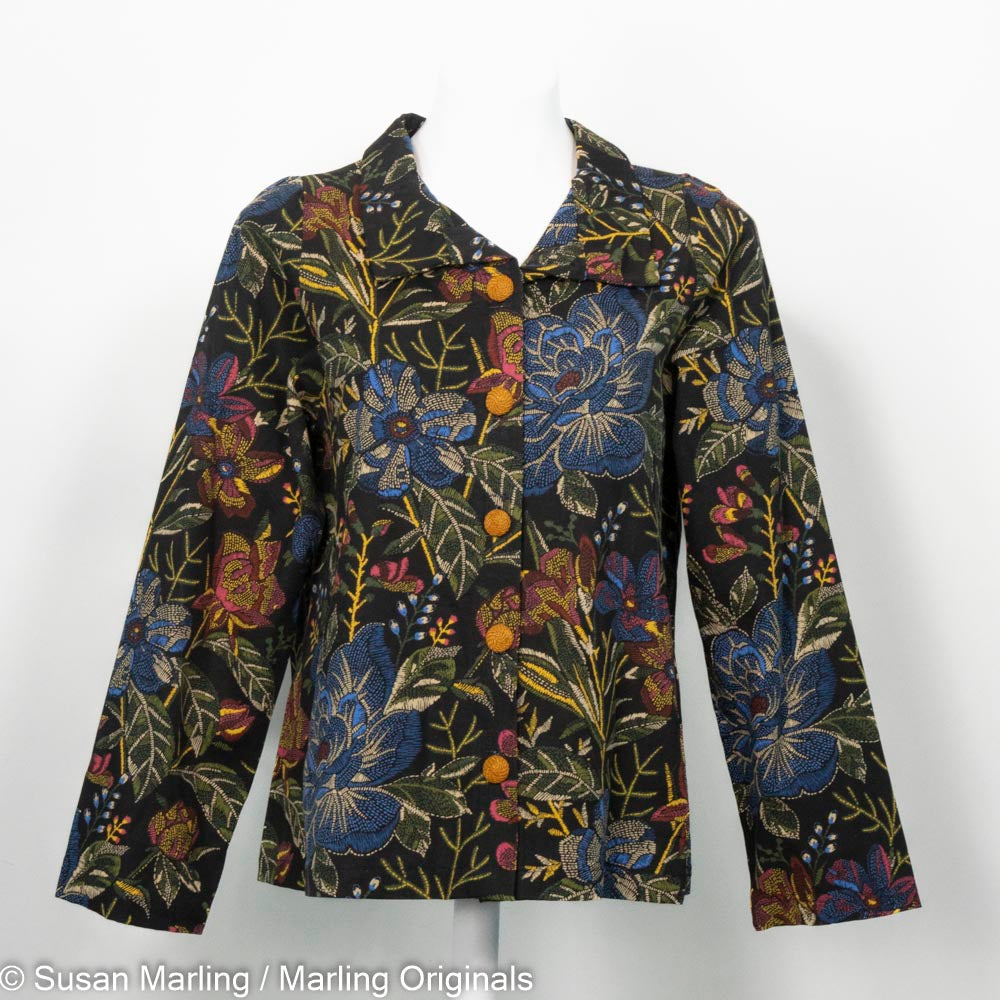 Cotton canvas jacket with floral tapestry design show mannequin against white background