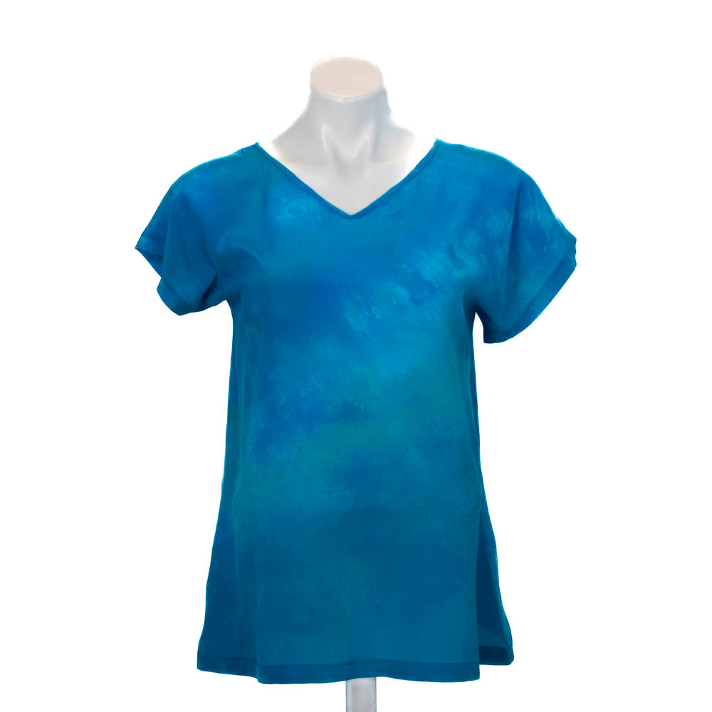 silk top hand dyed in blue and subtle green. V neck with cap sleeve