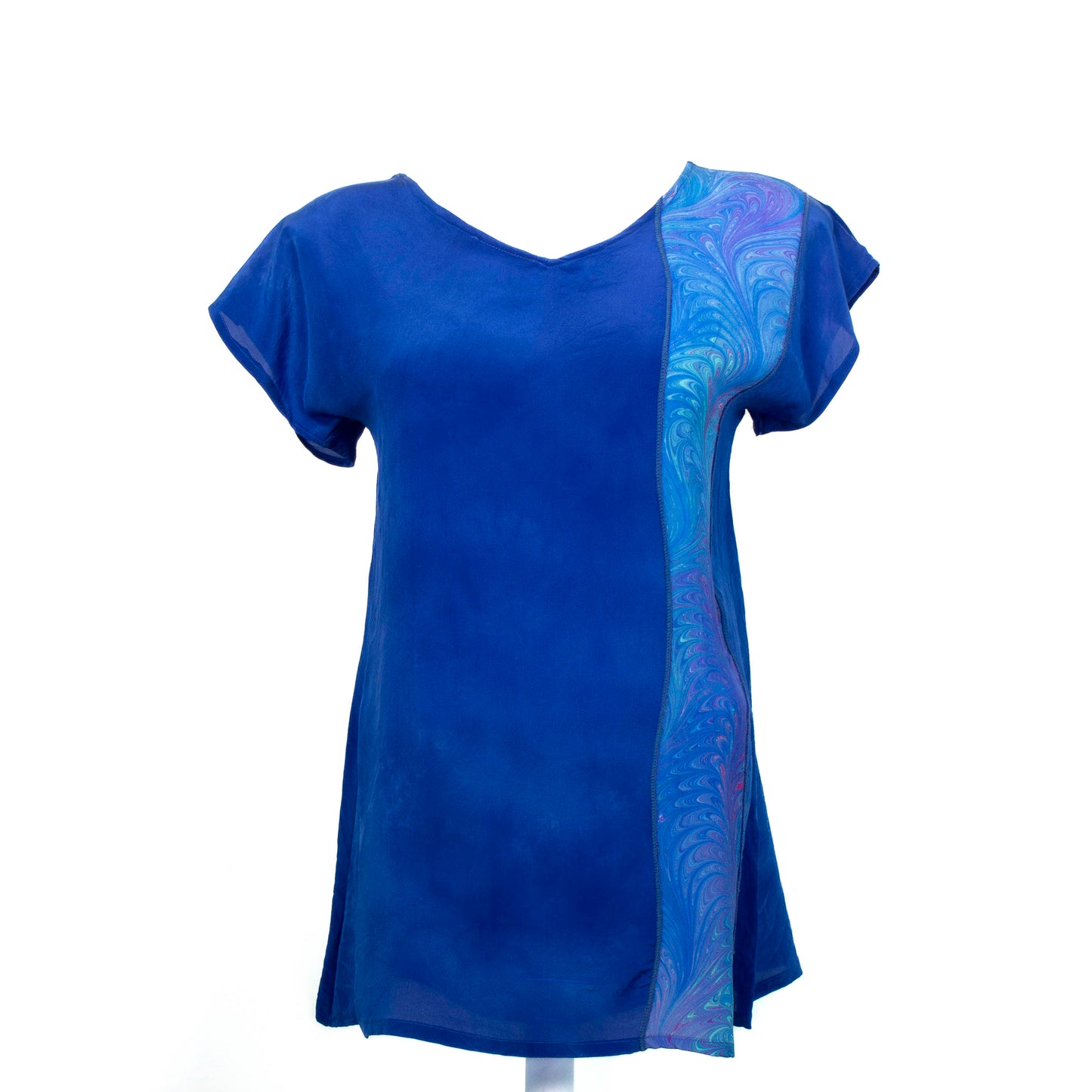 hand dyed silk top in sapphire with marbled embellishment on left front side