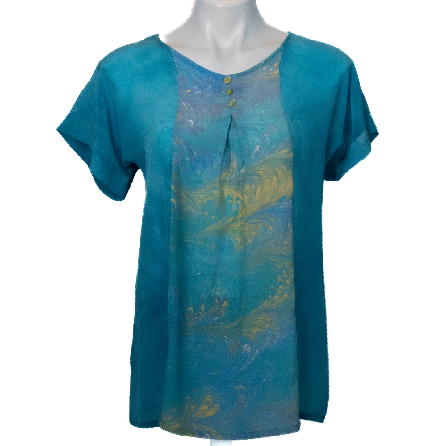 hand dyed silk top with marbled panel in front jade tones with yellow