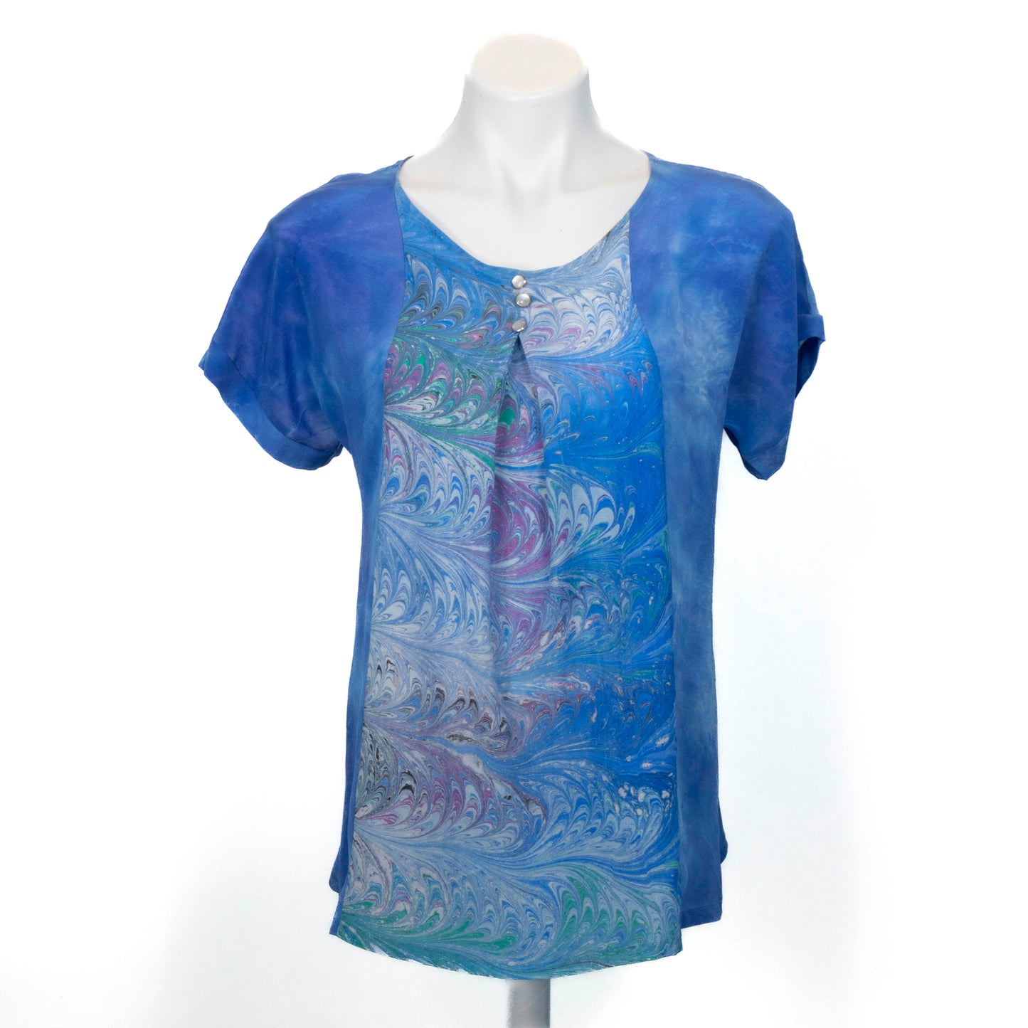 blue silk short sleeve top with marbled inset in front panel