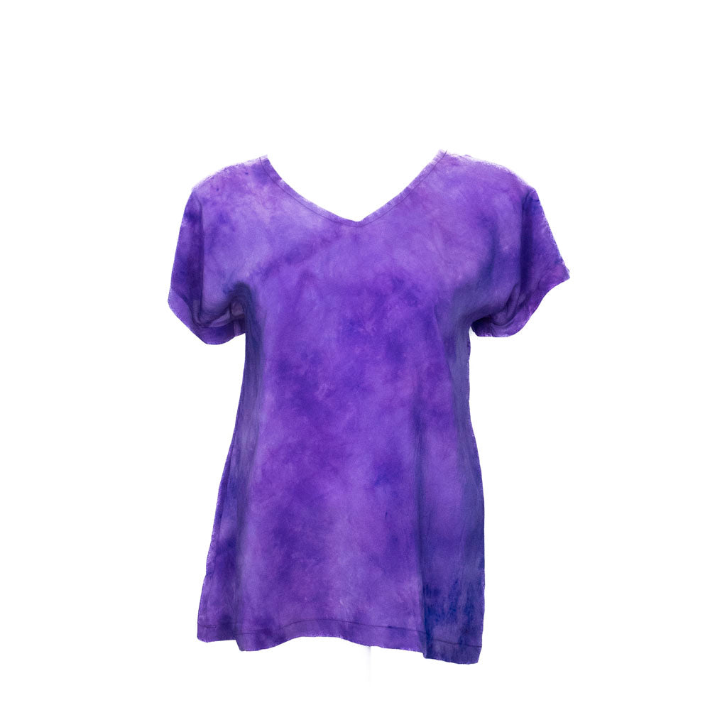 Violet silk T-shirt on mannequin against white background