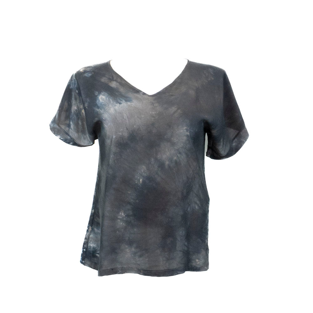 Black and gray tie-dye silk t-shirt on a white background