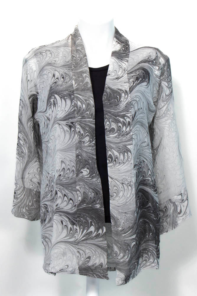 marbled silk chiffon kimono in black and white